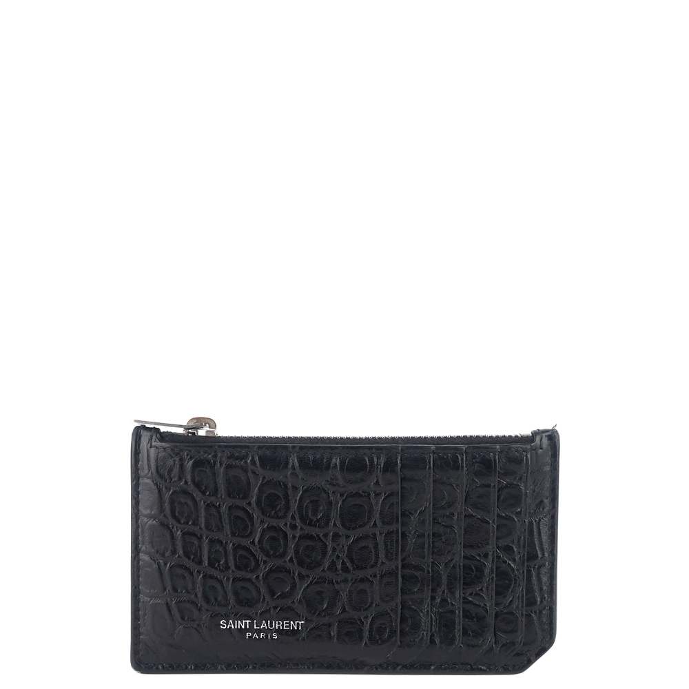 SAINT LAURENT Zipped Croc Embossed Leather Card Case